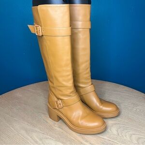 GIANVITO ROSSI Ryder Buckled Leather Knee Boots Monochrome Camel Women’s Size 37